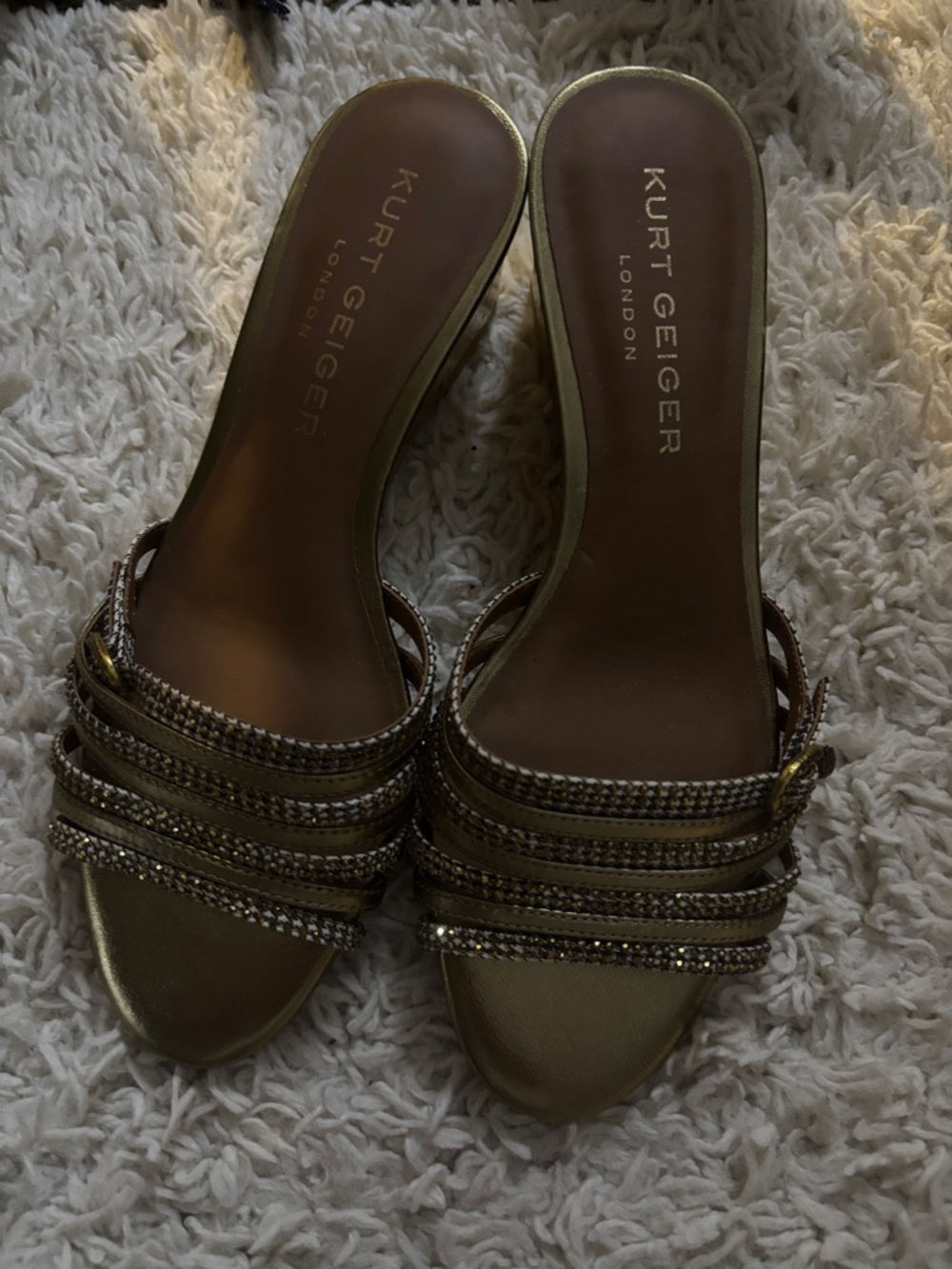 BRAND NEW Kurt Geiger Wedges Nordstrom Gold Metallic Multi-Strap Slide Mules